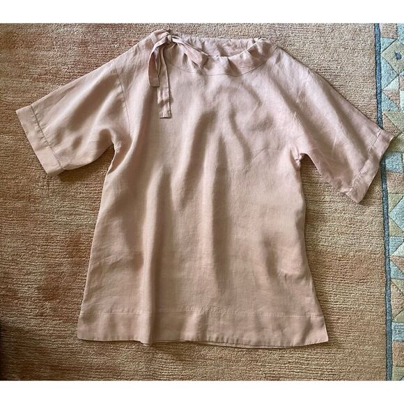 Blush Pink Linen Tunic Women’s Short Sleeve Top Bow Tie Neck Minimalist L/XL - Picture 3 of 7
